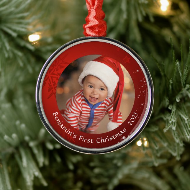Baby First Christmas Red Snowflake Photo Keepsake Metal Ornament (Tree)