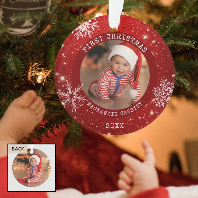 Baby FIRST CHRISTMAS Red Snowflake Photo Ornament (Creator Uploaded)