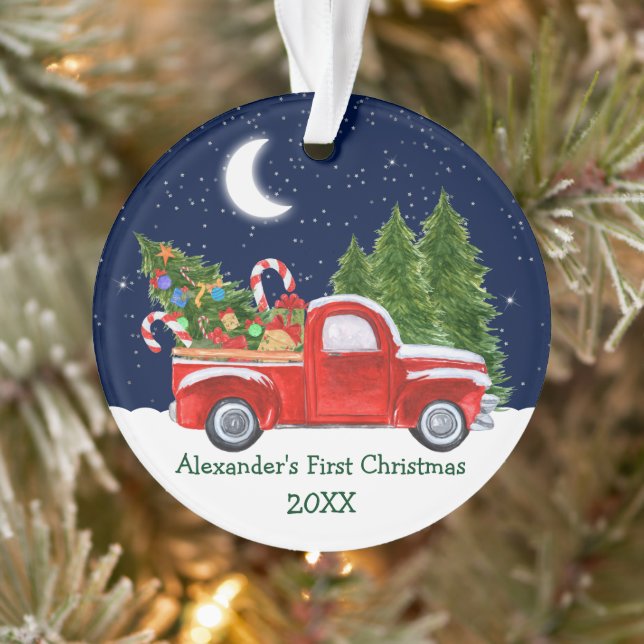 Baby First Christmas Red Truck Forest Stars Ornament (Tree)