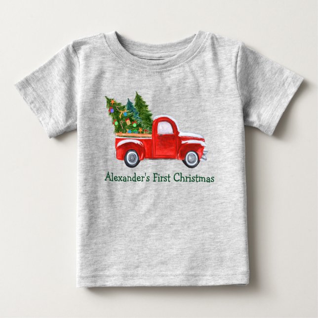 Baby First Christmas Red Truck Green Name Grey Baby T-Shirt (Front)