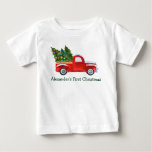 Baby First Christmas Red Truck Green Name T-Shirt
