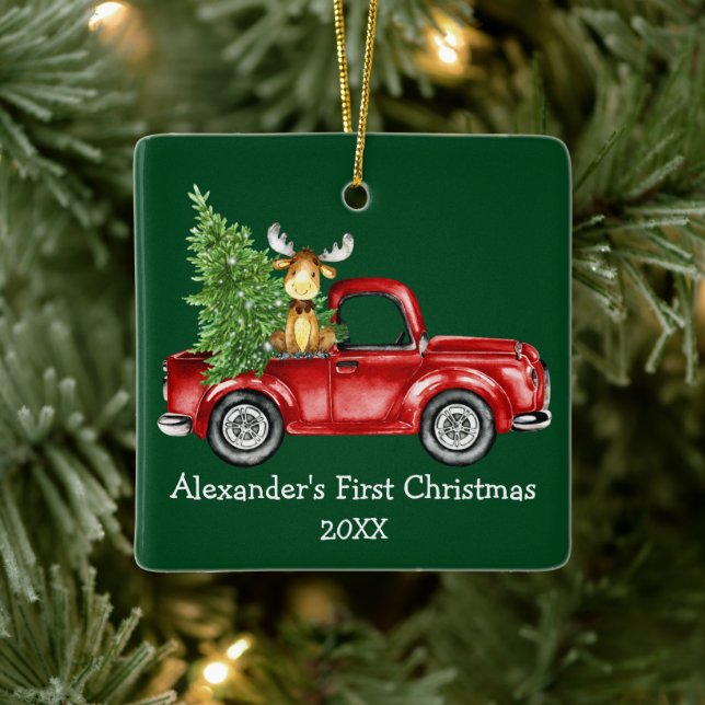 Baby First Christmas Red Truck Moose Green Ceramic Ornament (Tree)