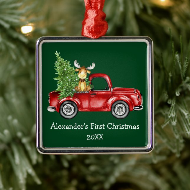 Baby First Christmas Red Truck Moose Green Metal Ornament (Tree)