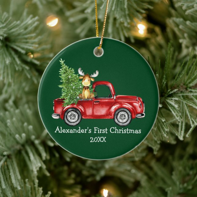 Baby First Christmas Red Truck Moose Green Round Ceramic Ornament (Tree)