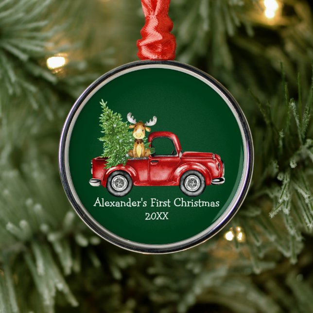 Baby First Christmas Red Truck Moose Green Round Metal Ornament (Tree)