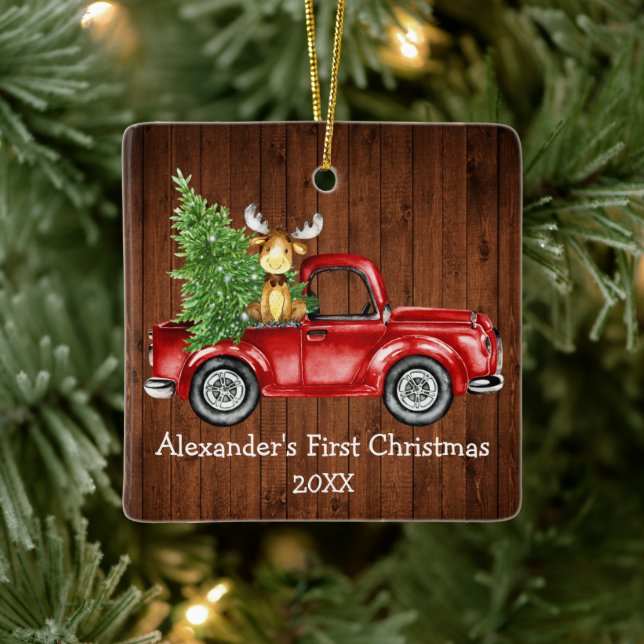 Baby First Christmas Red Truck Moose Rustic Ceramic Ornament (Tree)