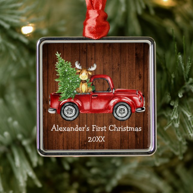 Baby First Christmas Red Truck Moose Rustic Metal Ornament (Tree)