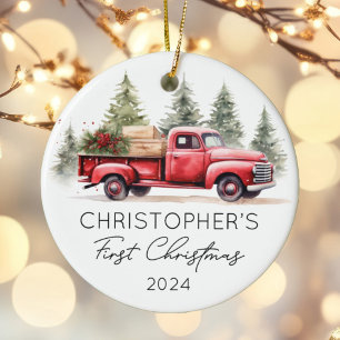 Baby First Christmas Red Truck Photo Ceramic Ornament