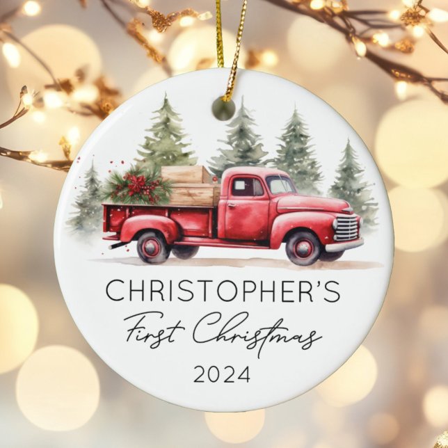 Baby First Christmas Red Truck Photo Ceramic Ornament (Creator Uploaded)
