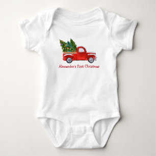 Baby First Christmas Red Truck Red Name Bodysuit