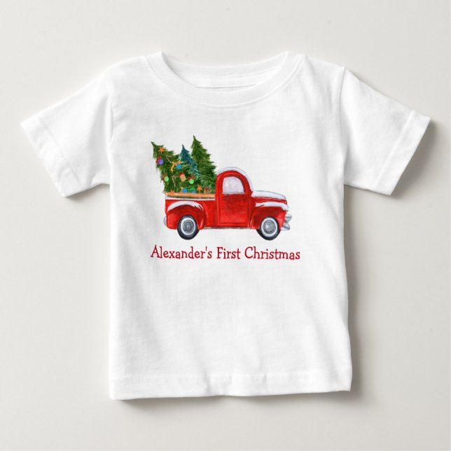 Baby First Christmas Red Truck Red Name T-Shirt (Front)