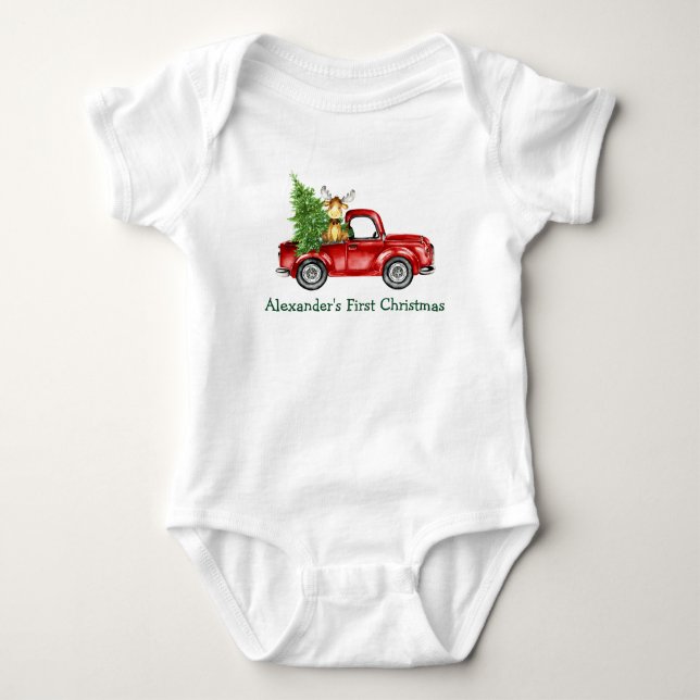 Baby First Christmas Red Truck Tree Moose Bodysuit (Front)