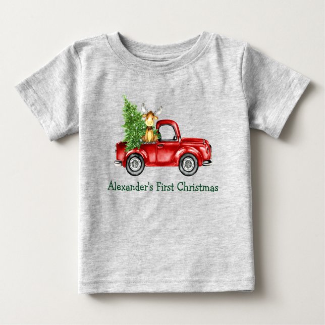 Baby First Christmas Red Truck Tree Moose Grey Baby T-Shirt (Front)