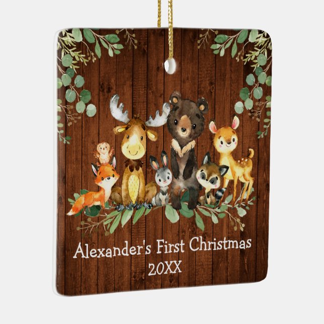 Baby First Christmas Rustic Animals PHOTO Ceramic Ornament (Right)