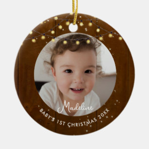 Baby First Christmas Rustic Wood Lights Photo Ceramic Ornament