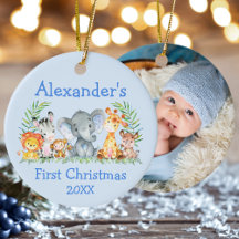 Baby First Christmas Safari Animals Blue PHOTO