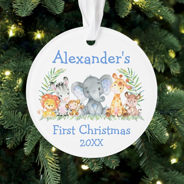 Baby First Christmas Safari Animals Blue Round Ornament (Customize with name and year.)