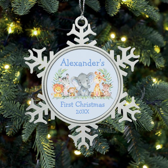 Baby First Christmas Safari Animals Blue Snowflake Pewter Christmas Ornament (Customize with name and year.)