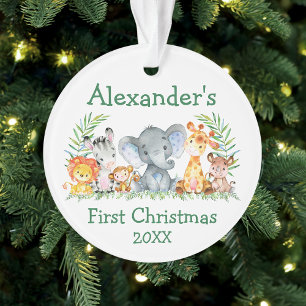 Baby First Christmas Safari Animals Green Round Ornament