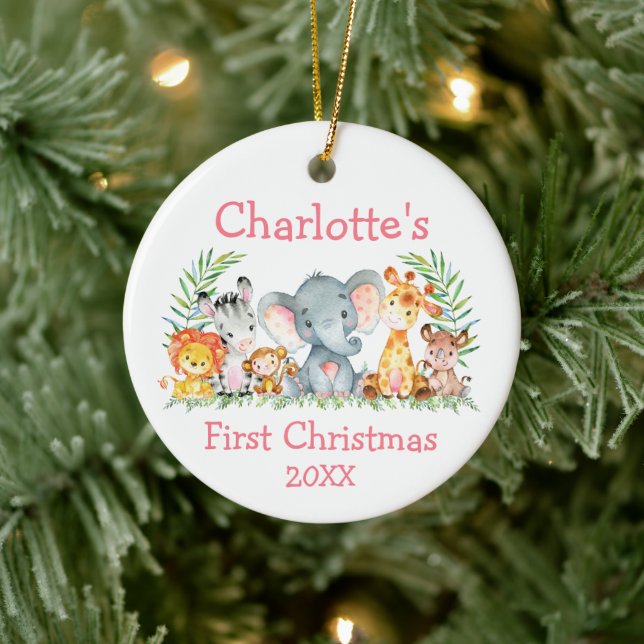 Baby First Christmas Safari Animals Pink Round Ceramic Ornament (Tree)