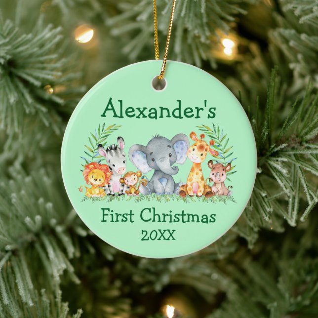 Baby First Christmas Safari Animals Round Green Ceramic Ornament (Tree)