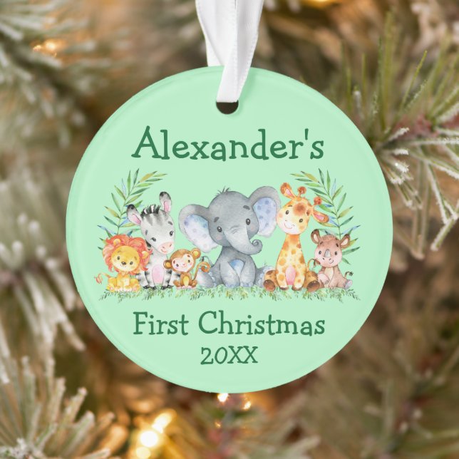 Baby First Christmas Safari Animals Round Green Ornament (Tree)