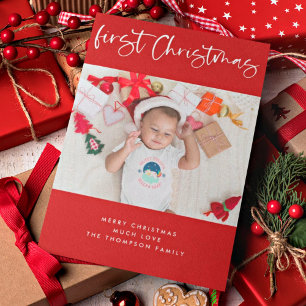 Baby First Christmas Script Photo Christmas Red Holiday Card
