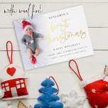 Baby First Christmas Script Photo Overlay Foil Holiday Card<br><div class="desc">Baby First Christmas Script Photo Overlay. Celebrate your baby’s first Christmas along with your festive wishes with a  touch of real foil in either gold,  silver or rose gold for set script First Christmas. Easily personalize with your greeting and names and replace the sample image with your own.</div>