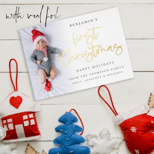 Baby First Christmas Script Photo Overlay Foil Holiday Card (With Luxury real foil printing for First Christmas)