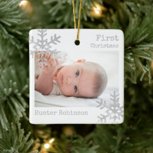 Baby First Christmas Snowflake Photo Ceramic Ornament
