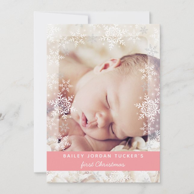 Baby First Christmas Snowflakes Pink Photo Birth Announcement (Front)