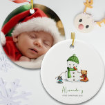 Baby First Christmas Snowman Photo Ceramic Ornament<br><div class="desc">Adorable first Christmas baby ornament with an exclusive illustration of a cute snowman and some animal friends on one side. On the other side you can add the photo of your baby. Great way to celebrate and treasure your baby's first Christmas and a great keepsake for grandparents and other members...</div>
