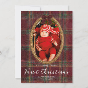 Baby First Christmas Tartan Gold Frame Christmas  Holiday Card
