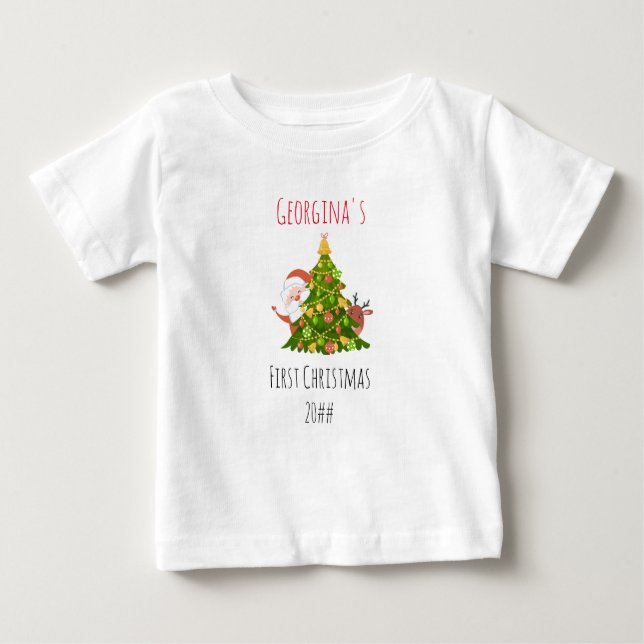 Baby First Christmas Tree Personalized Santa Baby T-Shirt (Front)