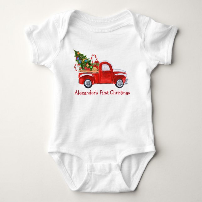 Baby First Christmas Truck Candy Canes Red Baby Bodysuit (Front)