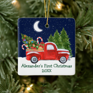 Baby First Christmas Truck Forest Stars Ceramic Ornament