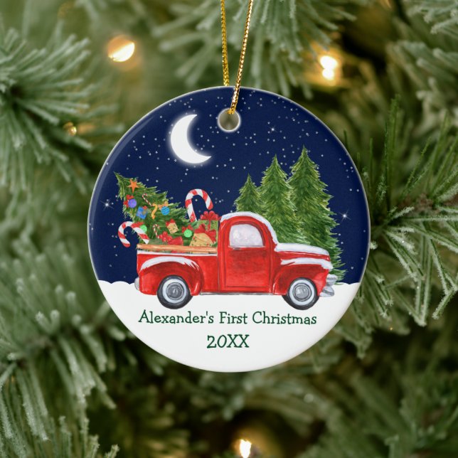 Baby First Christmas Truck Forest Stars Round Ceramic Ornament (Tree)
