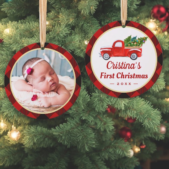 Baby First Christmas Truck Red Plaid Photo Ornament (Sample 1)