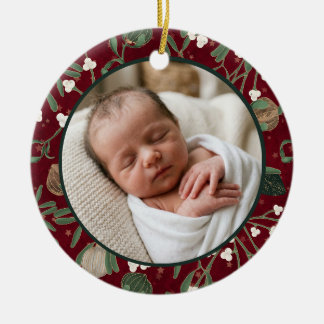 Baby First Christmas Vintage Red Floral Photo Ceramic Ornament