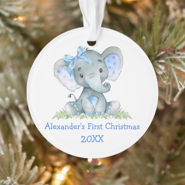 Baby First Christmas Watercolor Blue Elephant Bow Ornament (Tree)