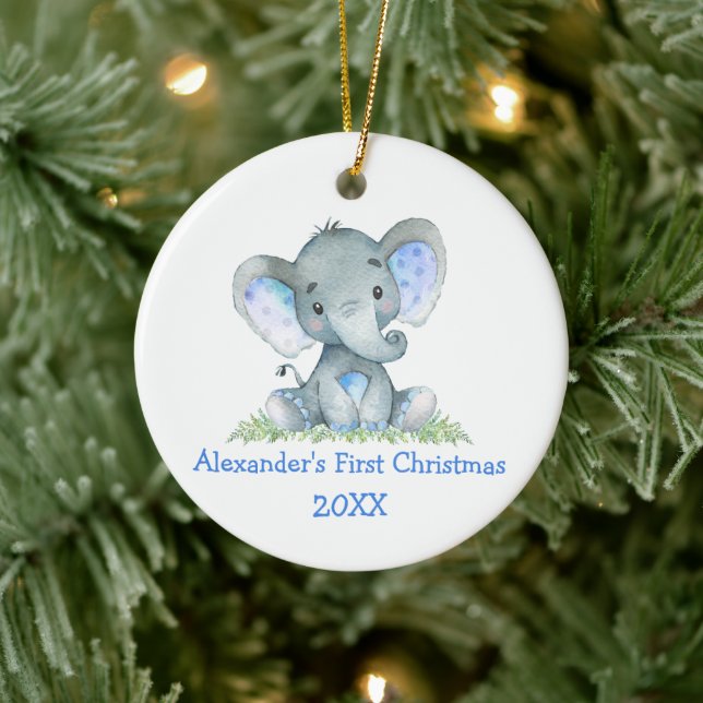 Baby First Christmas Watercolor Blue Elephant Ceramic Ornament (Tree)