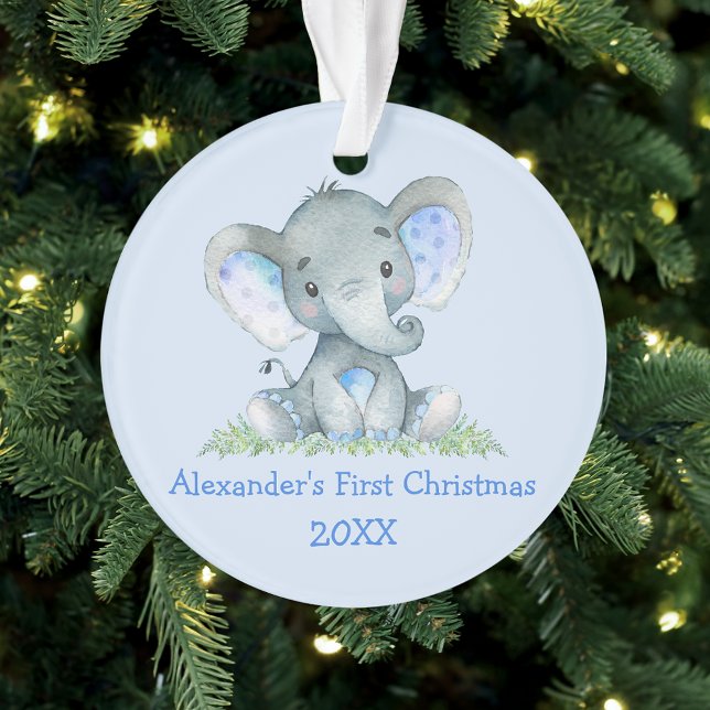 Baby First Christmas Watercolor Elephant Blue Ornament (Customize with name and year.)