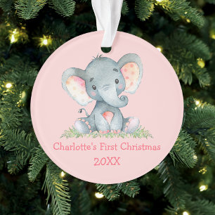 Baby First Christmas Watercolor Elephant Pink Ornament