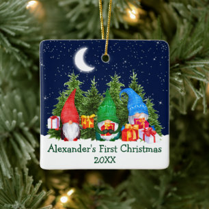 Baby First Christmas Watercolor Gnomes Sky Trees Ceramic Ornament