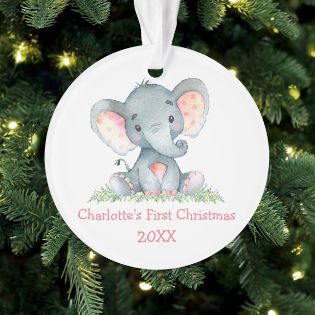 Baby First Christmas Watercolor Pink Elephant Ornament (Customize with name and year.)