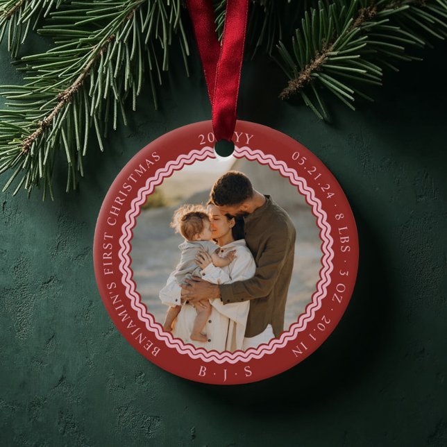 Baby First Christmas Wavy Modern Minimal 2 Photo Ceramic Ornament (Baby First Christmas Wavy Modern Minimal 2 Photo Red Ceramic Ornament)