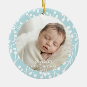 Baby First Christmas Winter Botanical Berries Blue Ceramic Ornament