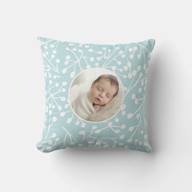 Baby First Christmas Winter Botanical Minimal Blue Cushion (Front)