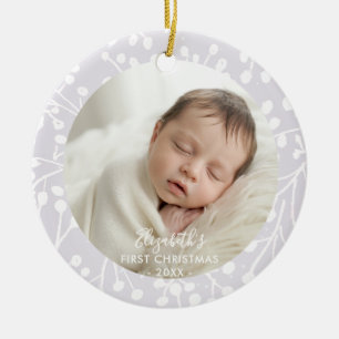 Baby First Christmas Winter Pink Botanical Berries Ceramic Ornament
