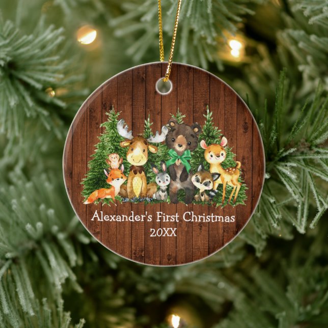 Baby First Christmas Wood Forest Animals Green Bow Ceramic Ornament (Tree)
